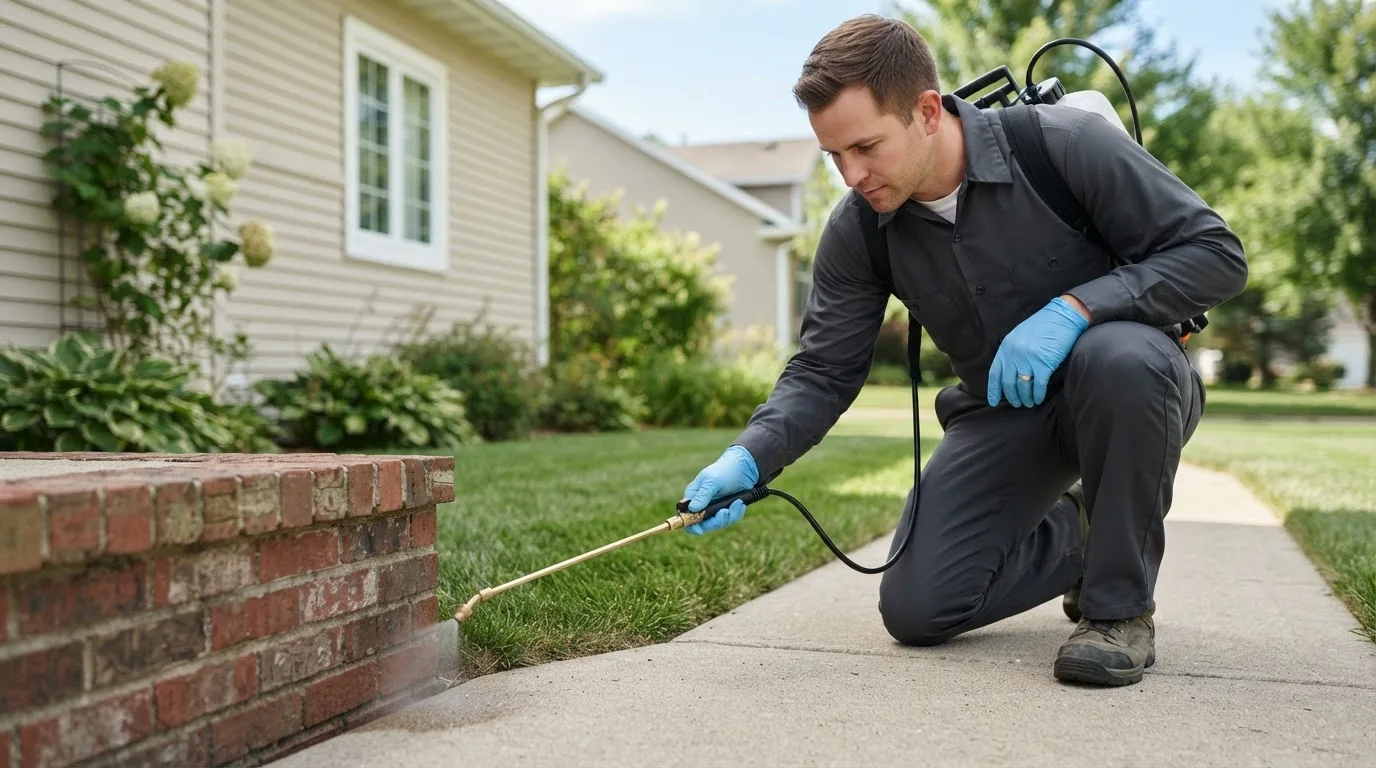 Pest control technician treating a home near Epworth, IA