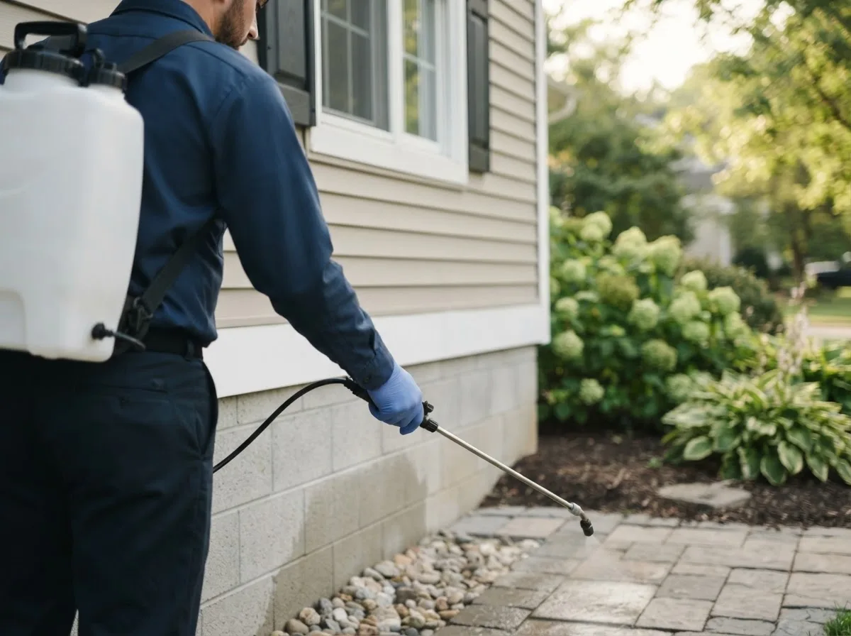 Pest control technician inspecting a home in Epworth, IA